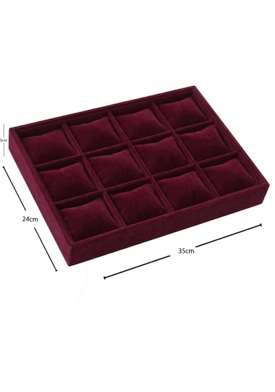 12 Bölmeli Ahşap Üzeri Baby Face Kumaş Saat Ve Takı Standı - Organizeri Ebat 35x24x5 Cm Bordo