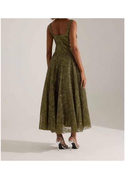 Uzer Abiye Işıltılı Sim Baskılı Jacquard Dokulu Kare Yaka Couture Premium Abiye Elbise,düğün Albisesi Haki