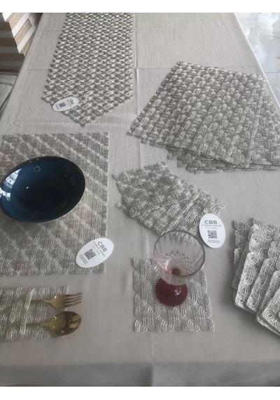 Bezos Sofra Takımı Orion Gardenya Keten Yemek Takımı 160x260 Masa Seti 26 Parça Runner Set Platin Bezos1