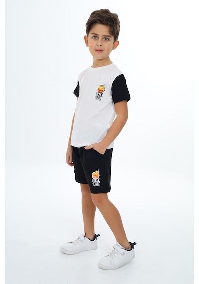Toontoy Kids Toontoy Erkek Çocuk 2'li Takım Baskılı Bisiklet Yaka Tişört & Beli Lastikli Cepli Şort Ekru