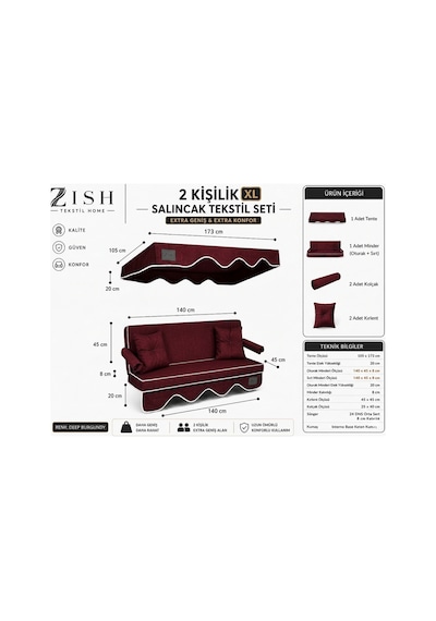 Zishtekstil Keten Kumaş Süngerli Gölgelikli 2 Kişilik Salıncak Minderi 8 Cm Bordo
