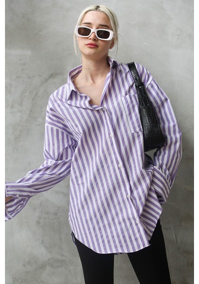 Madmext Mor Çizgili Oversize Kadın Gömlek Mg1688-mor Mor