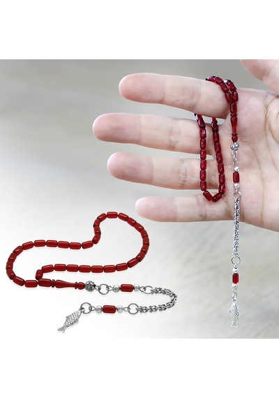 Tesbihname Kararmaz Metal Arnavut Püsküllü Kapsül Kesim Kırmızı Siyah Mini Boy Ateş Kehribar Tesbih Çok Renkli