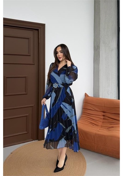 Neşeli Butik Kadın Mavi Beli Kemerli Piliseli Kruvaze Yaka Şifon Elbise Nbelb03 Mavi