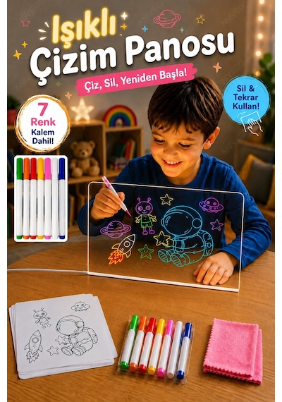 Nvg 12 İnç Led Işıklı Çizim Tahtası 20x30 Cm Usb Beslemeli Yazı Panosu Ayarlanabilir Stant 7 Renk Kalem Hediyeli Eğitici Oyuncak Şeffaf