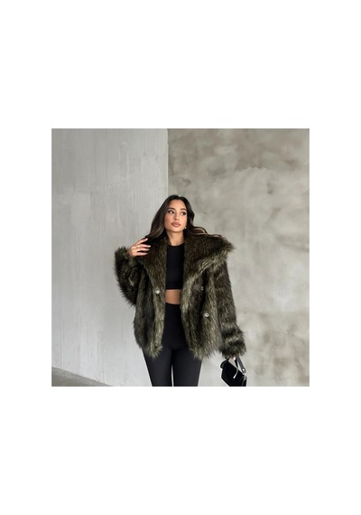 Rabia Çelik Kadın Yeşil Premium Peluş Kışlık Suni Kürk Mont Yeşil Yeşil
