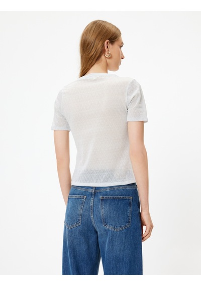 Koton Dokulu Kısa Kollu Tişört Bisiklet Yaka Slim Fit Gümüş 5wak50016uk Gümüş
