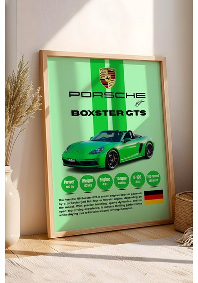 Porsche 718 Boxster Gts Premium Spor Araba Tablosu - Teknik Özellikli Yeşil Roadster Duvar Dekoru Kayın Porsche 718 Boxster Gts Premium Spor Araba Tablosu - Teknik Özellikli Yeşil Roadster Duvar Dekoru Kayın
