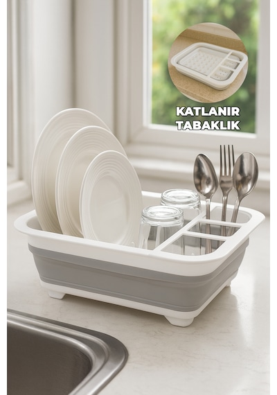 Katlanabilir Bulaşıklık Tabaklık - Bardak Çatal Kaşık - Delikli Su Tutmaz - Kamp Bulaşıklığı Beyaz Gri