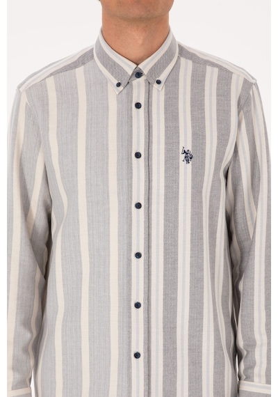 U.S. Polo Assn. Erkek Krem Çizgili Uzun Kollu Lacivert Gömlek 50316558-VR033 U.S. Polo Assn. Erkek Krem Çizgili Uzun Kollu Lacivert Gömlek 50316558-VR033