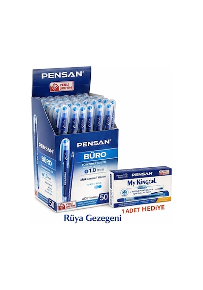 Büro Tükenmez Kalem Mavi 1.0 Mm Büro Tipi 50 Adet 1 Kutu + 1 Adet My Kıng Mavi Jel Kalem