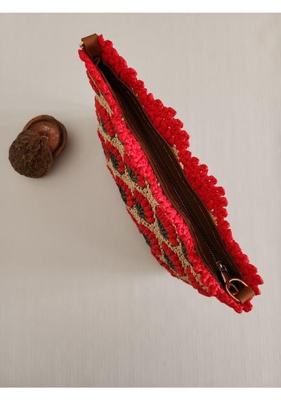 Fikriharika Design Karanfil Desenli, Suni Deri Astarlı, Rafya Clutch Çanta Bej - Çok Renkli