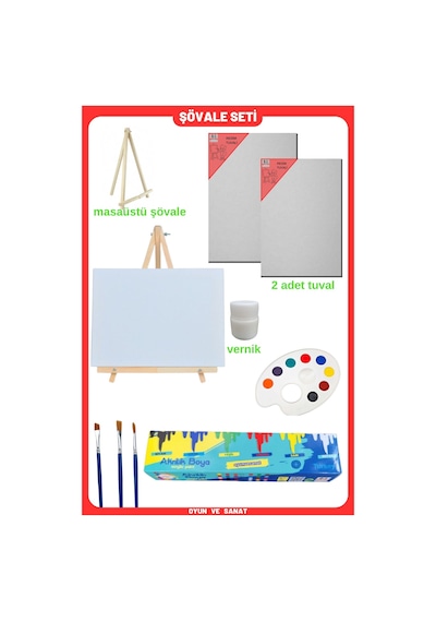 Resim - Boya Seti - Mini Masa Şövalesi, 2 Adet Tuval, Resim Verniği, Akrilik Boya, Palet, Şövalye 070 Çok Renkli