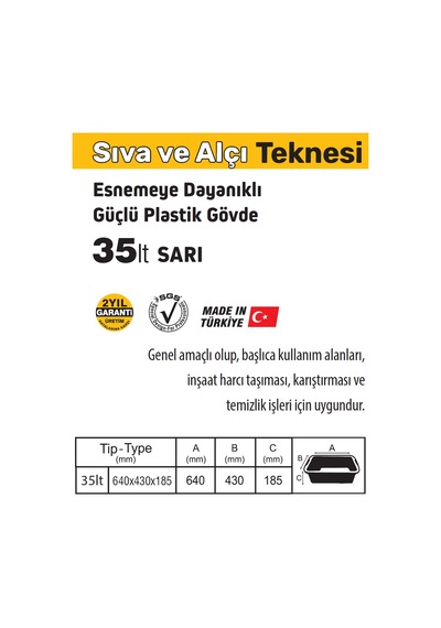 Sgs987 - Sarı Çok Amaçlı Tekne Kova 35 Litre - Sıva Alçı Teknesi