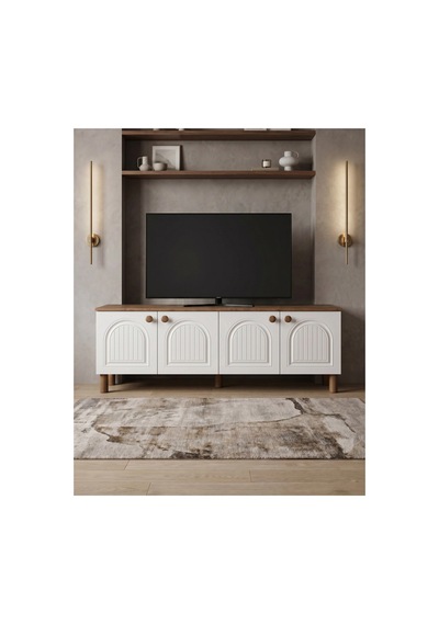 Modern Tv Ünitesi Beyaz Lake Mdf Kapaklı Suntalam Gövde 4 Kapaklı Tv Sehpası Konsol Beyaz