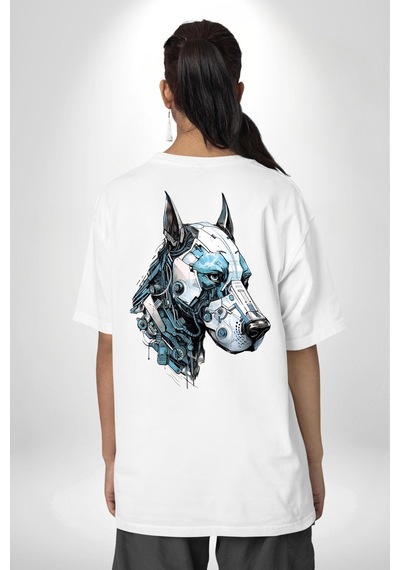 Robot Cyborg Köpek Doberman Beyaz Oversize Unisex Ön Ve Sırt Baskılı Tişört Beyaz