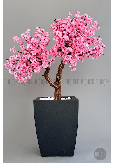 Biçiçek Yapay Pembe Sakura Ağacı 100 Cm Bahar Dalı Antresi̇t Kare Saksıda