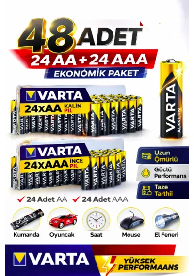 Aa + Aaa Pil 48'lı Set 24 Aa + 24 Aaa 1.5v Ekonomik Toplu Paket Çinko Karbon