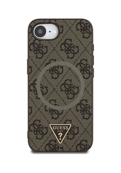 Apple Uyumlu iPhone 16e Kılıf Guess Lisanslı M-safe Pu Üçgen Logo 4g Desenli Kapak Kahverengi
