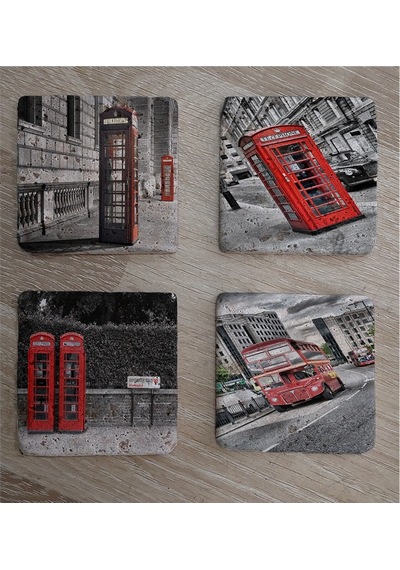 Londra Kırmızı Telefon Kulübeleri Ve Otobüs Doğal Taş Bardak Altlığı 4'lü Set - Natural Stone Coasters - Taş Kırmızı