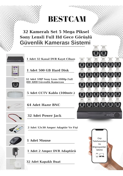 32 Kameralı Set 5 Mp Sony Lensli Full Hd Kamera Seti 500 Gb Hdd