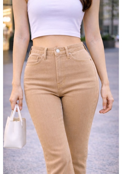 Cedy Denım Yüksek Kalite Kadın 5 Cep Düşük Bel İspanyol Paça Skinnyfit Esnek Jean Pantolon C619 Camel