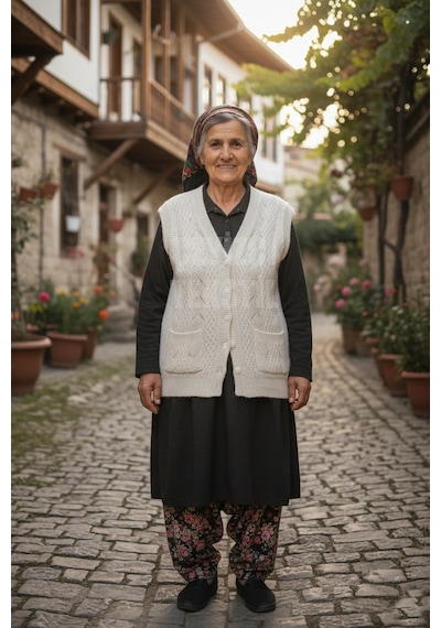 Çeyizlik Yelek, Düğmeli Anne Yeleği, Simli Yelek, Hediyelik Yelek, Gelin Simli Cepli Yelek - Krem Açık Krem