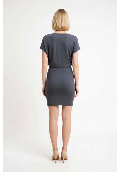 Benerly Kadın Kolsuz Bodycon Mini Elbise Kayık Yaka Düşük Kol Detaylı %97 Antrasit