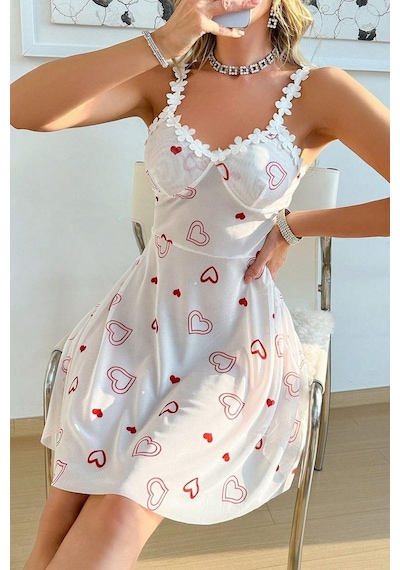 Bella Notte Romantik Kırmızı Kalp Baskılı Dantel Şeritli Gecelik