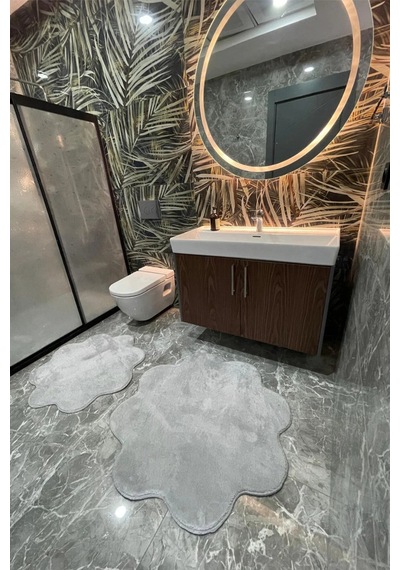 2'li Papatya Banyo Paspası Takımı Kaymaz Taban Yıkanabilir Peluş Pofuduk Post 80x80 - 100x100 Gri Gri