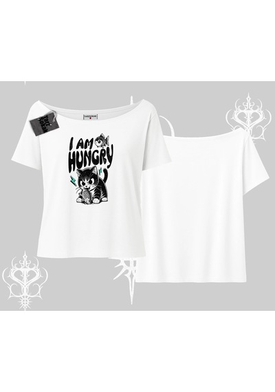 Startmore Startmore Am Hungry Kedi Baskılı Kayık Yaka Tshirt Beyaz