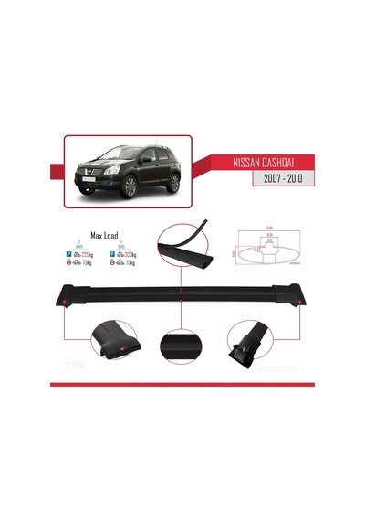 Nissan Qashqai 2010-2014 Arası İle Uyumlu Fly Model Ara Atkı Tavan Barı Siyah 3 Adet Bar