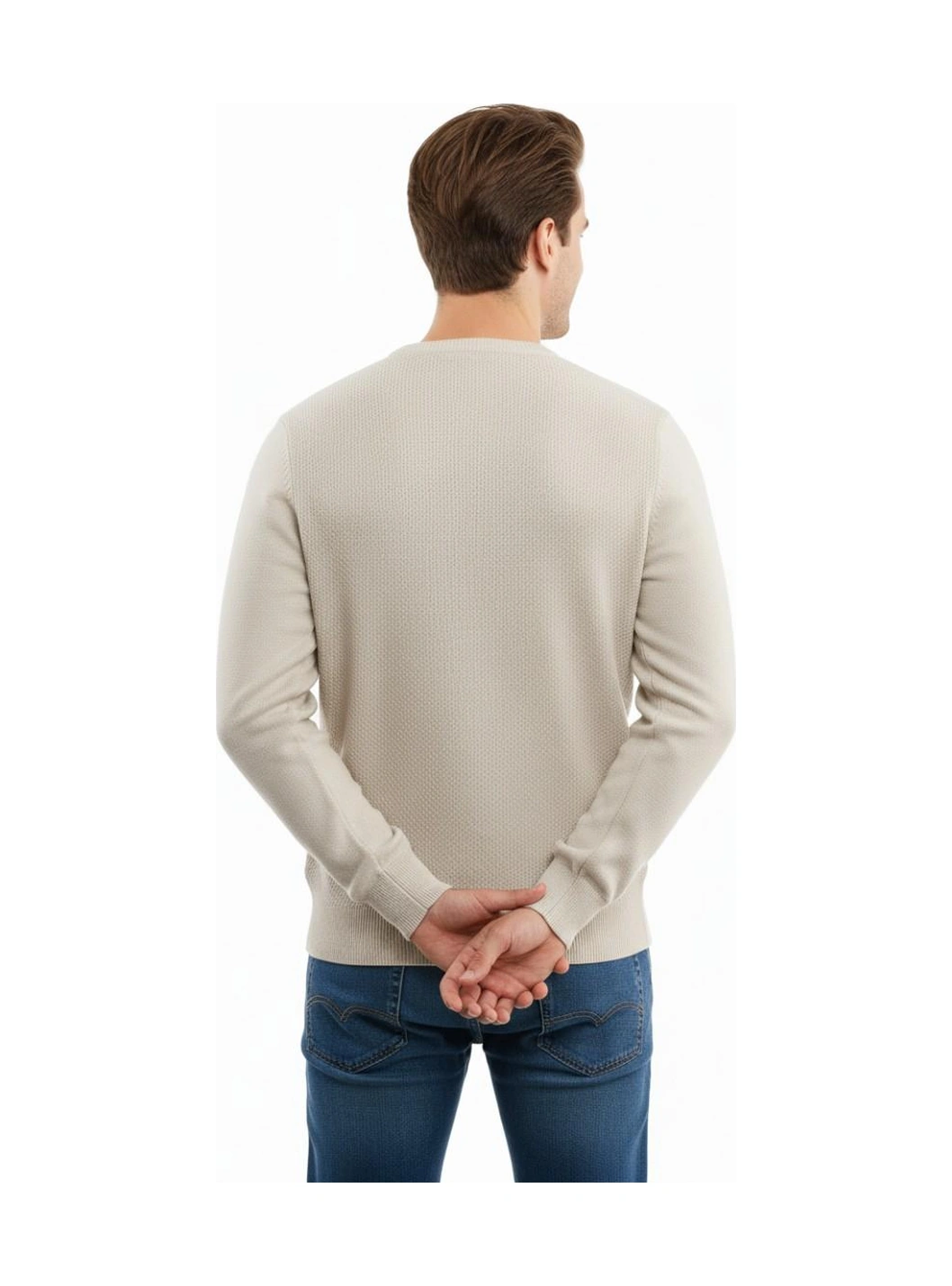Çizgi Erkek Sıfır Yaka Kazak Petek Örgü Klasik Kalıp 5243c Bgl-st04859 Taş Melanj