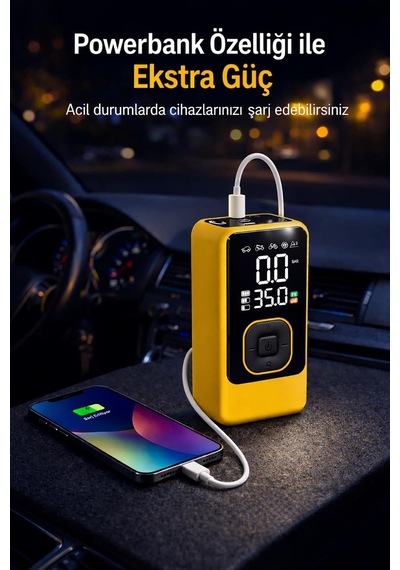 Taşınabilir Hava Pompası, Dijital Ekranlı Lastik Şişirme Kompresörü, Led Işıklı, Type-c Şarjlı, Powerbank