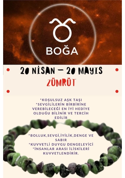 Gümüştel El Sanatları Sertifikalı Burç Taşı Boğa Burcu Zümrüt Taşı Bileklik Çok Renkli