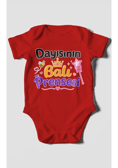 Morivokids Dayısının Ballı Prensesi Kısa Kollu Bebek Body %100 Pamuk Kırmızı
