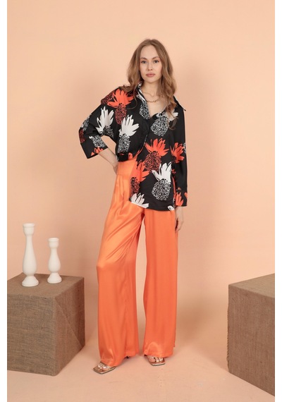 Chıcnhappy Saten Kumaş Pileli Palazzo Kadın Pantolon Orange-oranj Turuncu