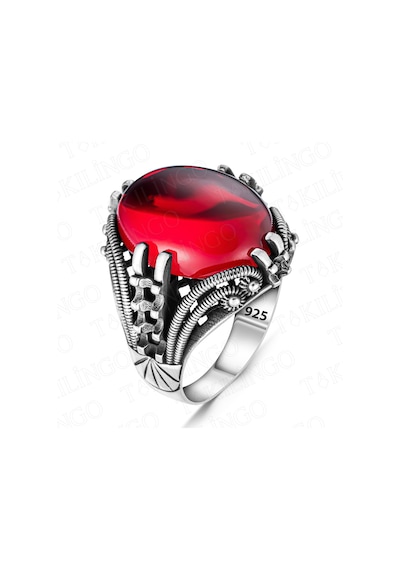 Takılingo 925 Ayar Gümüş Ruby Taşlı Sade Motifli Erkek Yüzük Gümüş