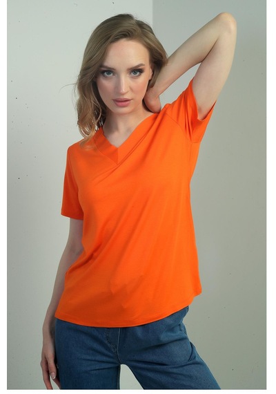By Saygı Kadın V Yaka Yırtmaçlı Kısa Kol Bluz-40680 Oranj By Saygı Kadın V Yaka Yırtmaçlı Kısa Kol Bluz-40680 Oranj