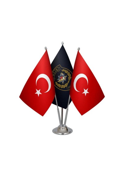 Masa Üstü Polis Özel Harekat Bayrağı Türk Bayrağı Üçlü Krom Direk