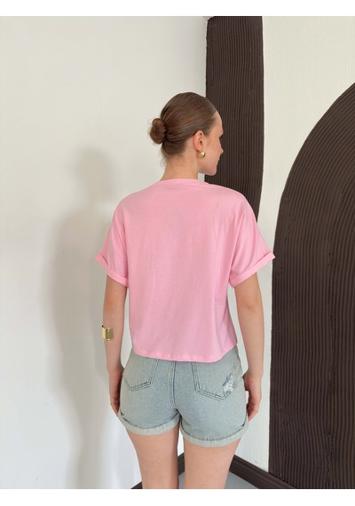 Verymoda Çiçek Detaylı Tişört D2910 Pembe