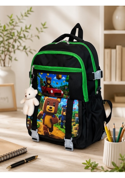 Super Bear Ayıcık Aksesuarlı Beslenme Ve Kalemlikli İlkokul Sırt Çantası Siyah