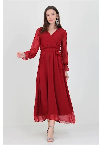 Neşeli Butik Kadın Bordo Yeni Sezon Astarlı Kruvaze Yaka Uzun Şifon Elbise Nb003 Bordo