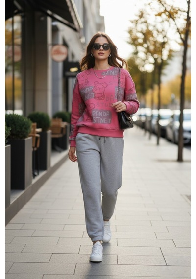 The Kadın Pembe Baskılı %100 Pamuk 3 İplik Şardonsuz Sweatshirt - Normal Kalıp Basic Bisiklet Yaka Pembe The Kadın Pembe Baskılı %100 Pamuk 3 İplik Şardonsuz Sweatshirt - Normal Kalıp Basic Bisiklet Yaka Pembe