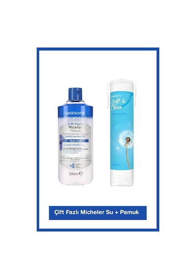 Watsons Çift Fazlı Micellar Su 390 Ml + Watsons Yuvarlak Makyaj Pamuğu 100 Adet