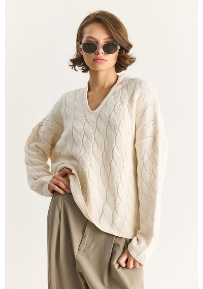 Shade Kadın Oval Yaka Saç Örgü Oversize Triko Kazak Tk241277 60284091 - Krem