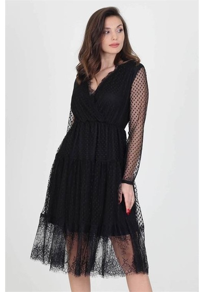Neşeli Butik Neseli Butik Kruvaze Yaka Eteği Güpür Detaylı Yeni Sezon Elbise Nb0010 Siyah