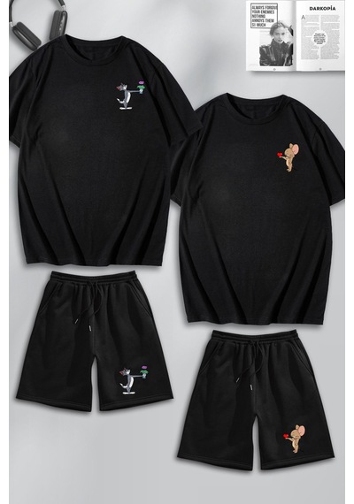 Unisex Kadın Erkek Çiçekli Tom Ve Jerry Baskılı Sevgili Çift Kombini Tasarım Oversize Tshirt Ve Şort Siyah Mck0436 Siyah