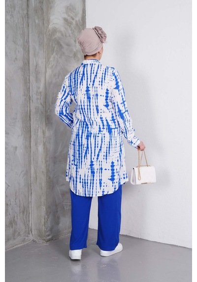 Polologin Butik Mavi Desenli Tunik Ve Pantolon Takım Mavi & Beyaz
