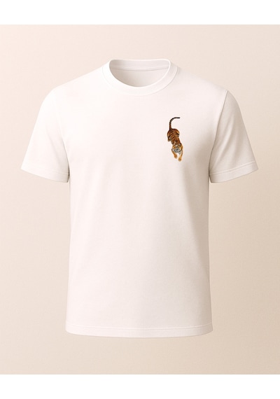 Etnik Kaplan Baskısı Tasarımlı T-shirt Beyaz
